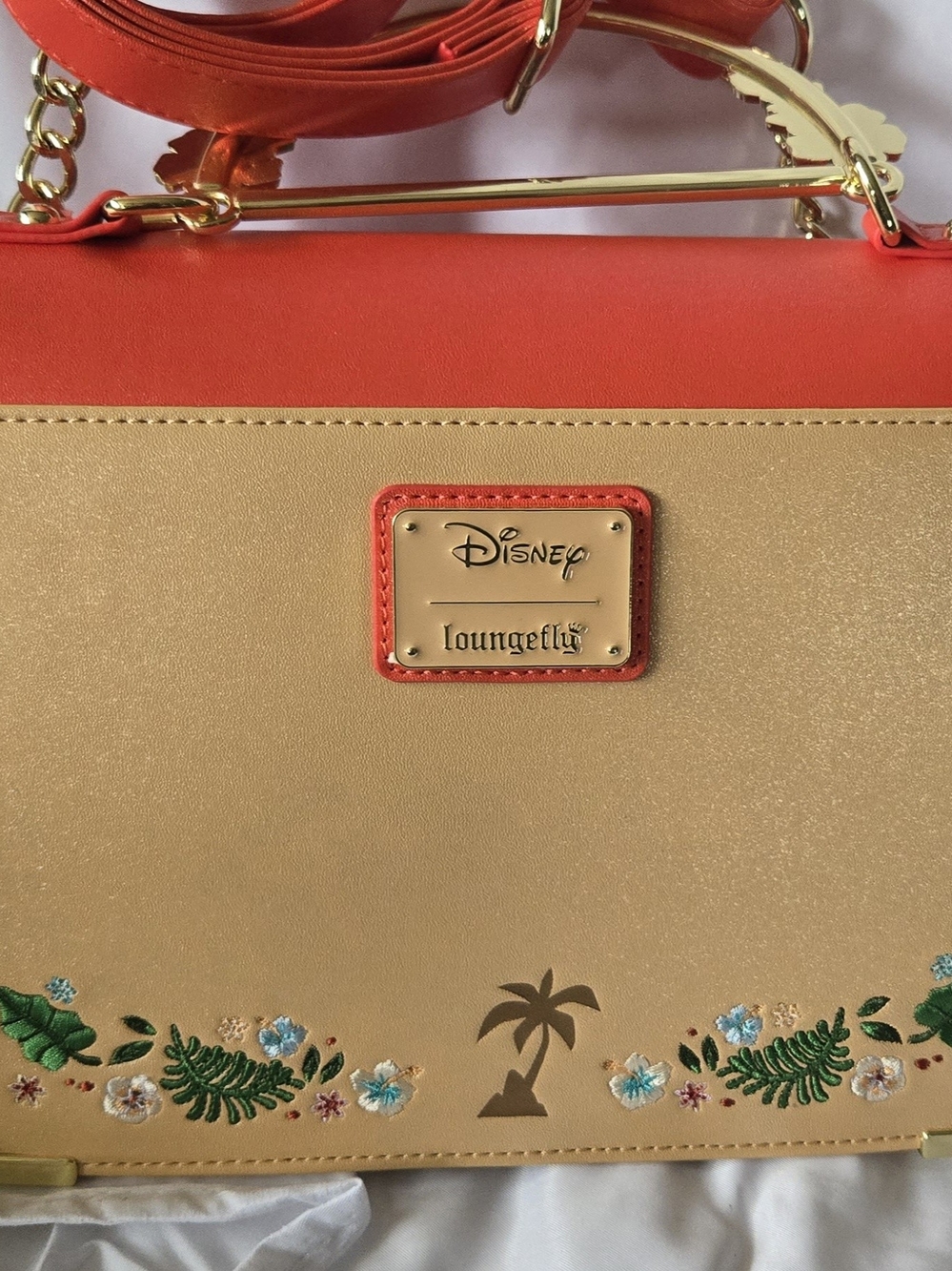 Loungefly Gold and Coral Tropical Embroidered Satchel Bag